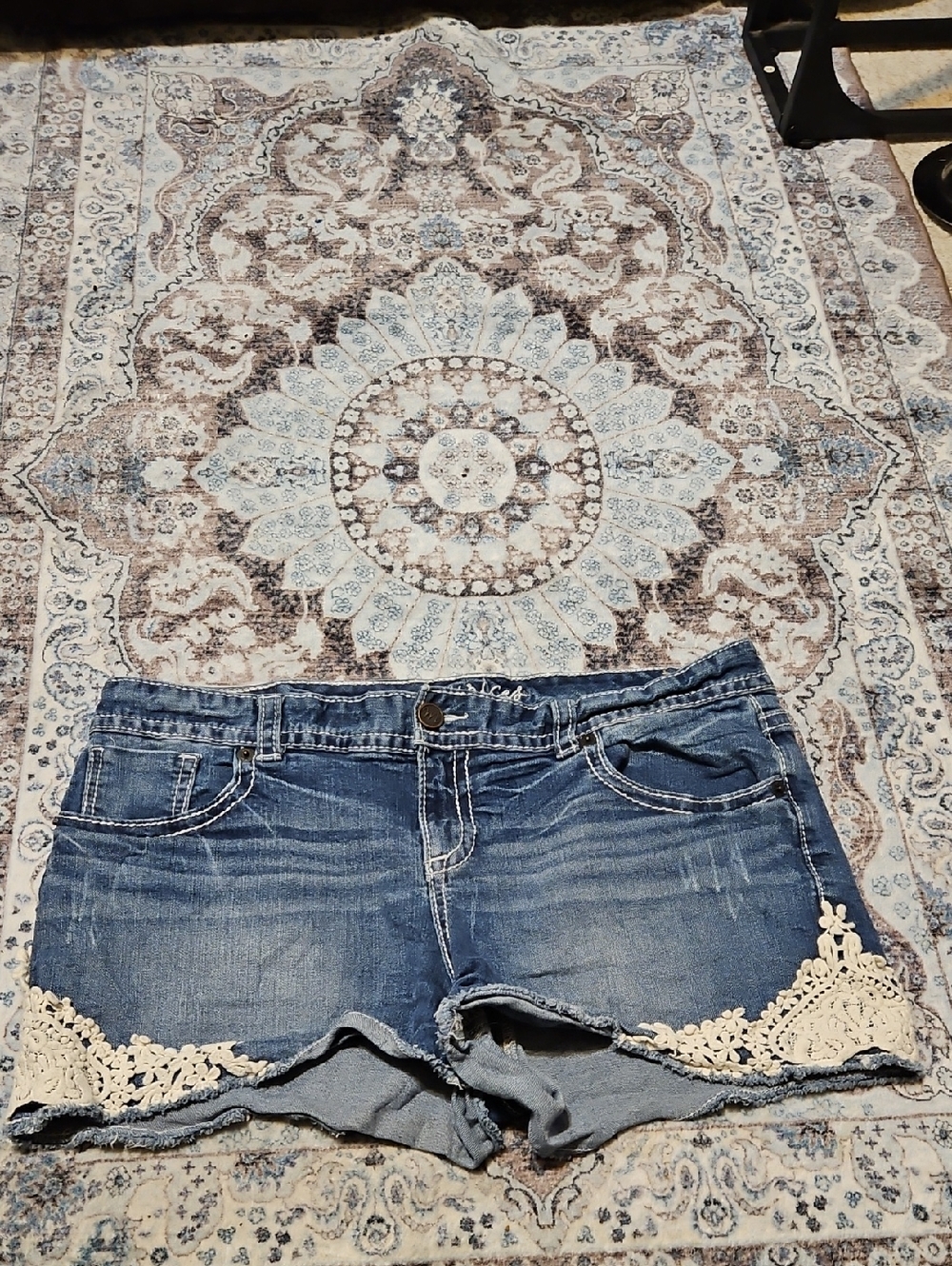 Maurices Blue Denim Jean Shorts with Cream Lace Trim